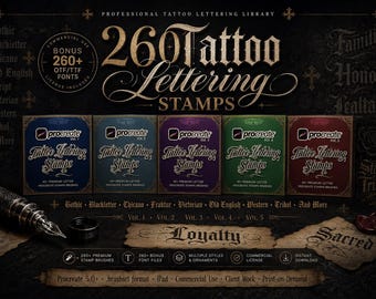 260 Premium Tattoo Lettering Stamps for Procreate Mega Bundle, Gothic Blackletter Font Brushes, Chicano Script  + Font File (Commercial Use)