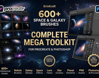 600+ Space Galaxy Procreate Brushes Photoshop Bundle, Cosmic Nebula Starfield Lens Flare Stamps, Digital Art Toolkit BrixKraft