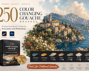 250 Color Changing Gouache Brushes for Procreate and Photoshop, Realistic Painting Set, Digital Watercolor Texture Bundle, BrixKraft Toolkit