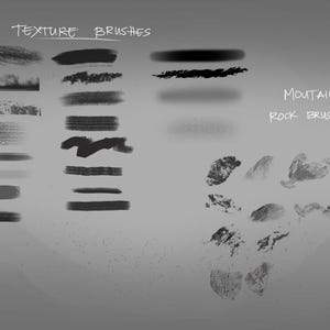 May include: A grayscale image showcasing various digital texture brushes and mountain/rock brushes. The text "TEXTURE BRUSHES" and "MOUNTAINS/ROCK BRUSHES" are handwritten in white. The image displays a variety of brush strokes and textures.