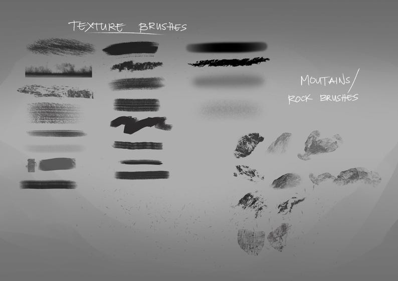 May include: A grayscale image showcasing various digital texture brushes and mountain/rock brushes. The text "TEXTURE BRUSHES" and "MOUNTAINS/ROCK BRUSHES" are handwritten in white. The image displays a variety of brush strokes and textures.