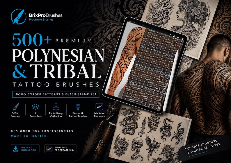 Peut inclure: Une collection num&eacute;rique de plus de 500 brosses de tatouage polyn&eacute;siennes et tribales premium pour Procreate. L'ensemble comprend des tampons flash, des motifs de bordure boh&egrave;mes et des jeux de brosses affich&eacute;s sur une tablette.