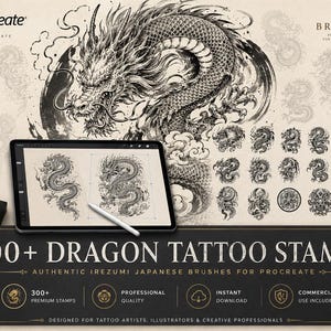Könnte beinhalten: Eine digitale Sammlung von 300+ Drachen-Tattoo-Stempeln für Procreate, mit detaillierten schwarz-weißen Drachenillustrationen im Tusche-Stil, einem Tablet mit Drachendesigns, einem Eingabestift und dem Text 300+ DRAGON TATTOO STAMPS.