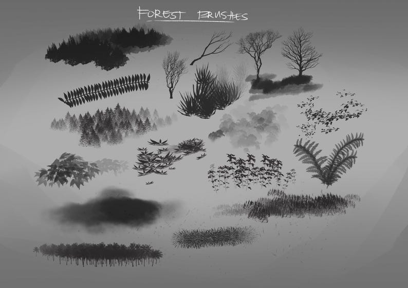 May include: A collection of grayscale forest brush illustrations. The image features various trees, bushes, and foliage, including ferns, tall grass, and a forest of trees. The text "FOREST BRUSHES" is written at the top.