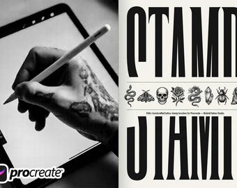 1100+ Procreate Tattoo Stamp Brushes, Traditional Oldschool Flash Set, .brushset, iPad Lettering Fonts Mythology Design
