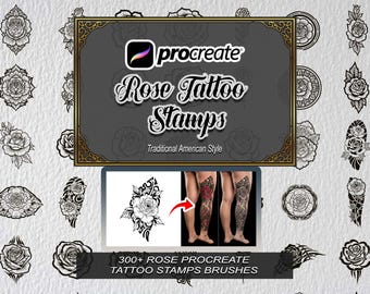300+ Procreate Rose Tattoo Stamps, Floral Brushes, Botanical Flash Sheet Design (Digital Download)