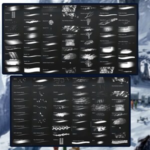 May include: Two digital art brush sets displayed on a dark background. Each set contains numerous brush styles, including textures, lines, and patterns. The brushes are in white, creating a contrast against the dark background. The image is set against a snowy mountain backdrop.