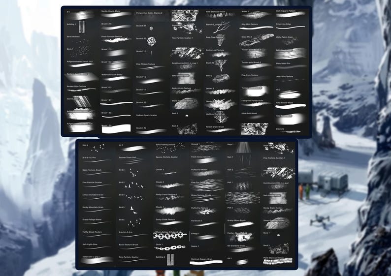 May include: Two digital art brush sets displayed on a dark background. Each set contains numerous brush styles, including textures, lines, and patterns. The brushes are in white, creating a contrast against the dark background. The image is set against a snowy mountain backdrop.