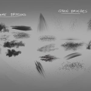 May include: A grayscale image showcasing various digital art brushes categorized as "Atmosphere Brushes" and "Grain Brushes." The image displays a range of brush styles, including cloud-like textures, streaks, and granular effects, suitable for digital art and design.