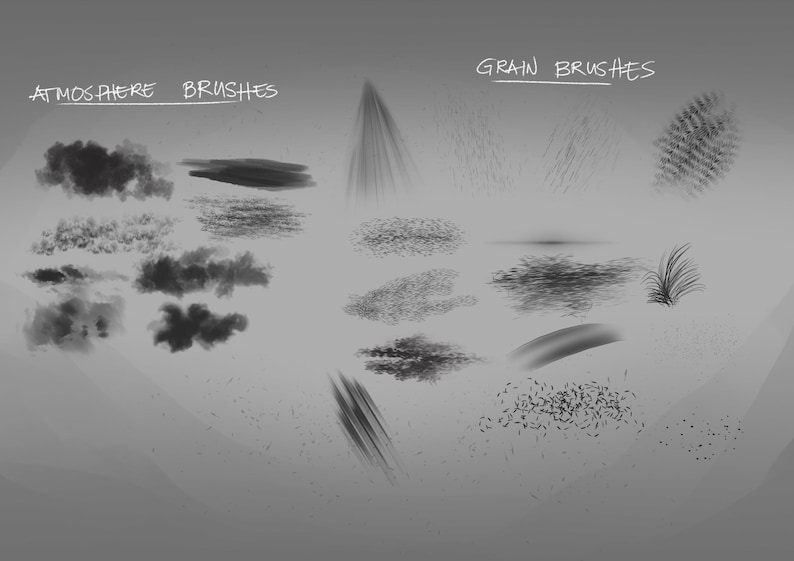 May include: A grayscale image showcasing various digital art brushes categorized as "Atmosphere Brushes" and "Grain Brushes." The image displays a range of brush styles, including cloud-like textures, streaks, and granular effects, suitable for digital art and design.