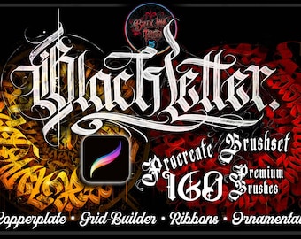 160+ Blackletter Procreate Brushes, Gothic Calligraphy Lettering Set (Digital Download)