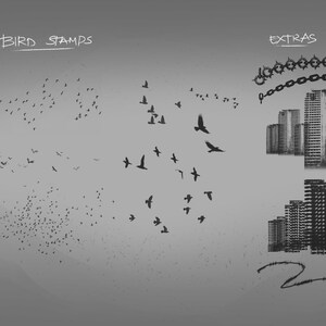 May include: Black and white illustration with the text "BIRD STAMPS" and "EXTRAS". The image features silhouettes of birds in flight, chains, buildings, and a curved line. The design is suitable for various craft projects.