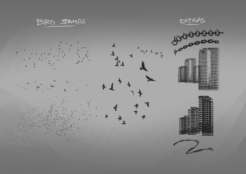 May include: Black and white illustration with the text "BIRD STAMPS" and "EXTRAS". The image features silhouettes of birds in flight, chains, buildings, and a curved line. The design is suitable for various craft projects.