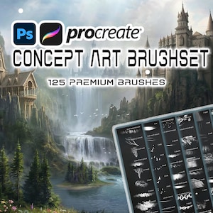 Può includere: Set di pennelli per arte digitale per Procreate e Photoshop. L'immagine presenta un paesaggio fantasy con un castello, una cascata e il testo "CONCEPT ART BRUSHSET" e "125 PREMIUM BRUSHES". Un tablet mostra esempi di pennelli.