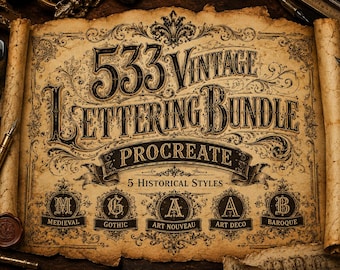 533 Vintage Lettering Bundle Procreate, 5 Historical Styles, Medieval Gothic Art Nouveau Art Deco Baroque