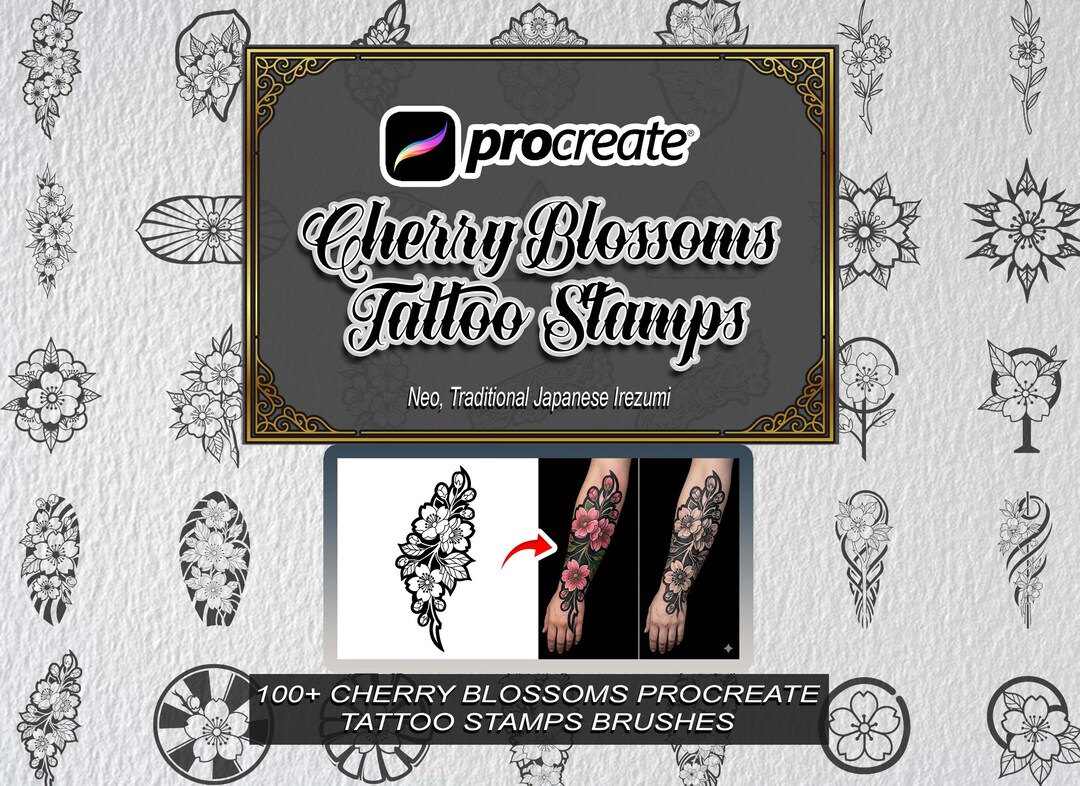 100+ Cherry Blossom Tattoo Stamps for Procreate, Traditional Japanese ...