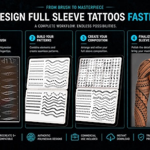 Peut inclure: Un guide de conception num&eacute;rique pour tatouages complets de bras en quatre &eacute;tapes : choisir votre pinceau, construire vos motifs, cr&eacute;er votre composition et finaliser votre design. L'image montre des ensembles de pinceaux polyn&eacute;siens et un tatouage.