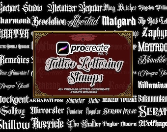 60+ Tattoo Lettering Procreate Stamps Vol 5, 160+ Font Files, Blackletter Victorian Chicano (Commercial Use)