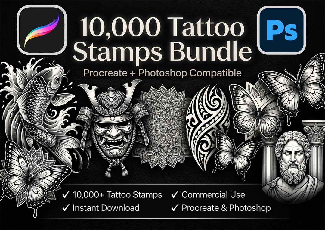 10,000 Tattoo Stamps Procreate Photoshop Mega Bundle | Mandala Japanese ...