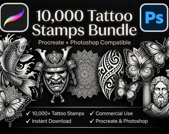 10,000 Tattoo Stamps Procreate Photoshop Mega Bundle | Mandala Japanese Traditional Polynesian Brushes Bundle