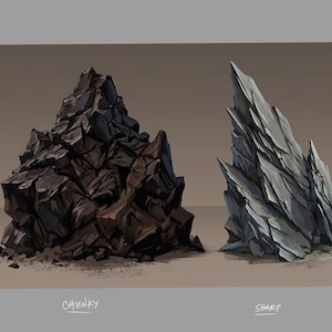 May include: Illustration of two rock formations. One is a dark brown, chunky pile of rocks. The other is a sharp, gray formation with pointed edges. The word "CHUNKY" is written below the first rock formation, and "SHARP" is written below the second.