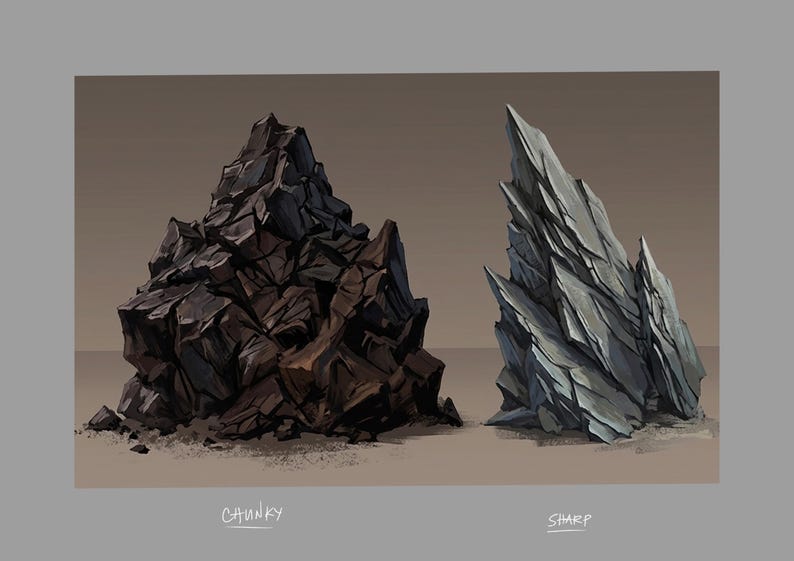 May include: Illustration of two rock formations. One is a dark brown, chunky pile of rocks. The other is a sharp, gray formation with pointed edges. The word "CHUNKY" is written below the first rock formation, and "SHARP" is written below the second.
