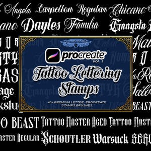Puede incluir: Anuncio de un producto de arte digital con varios estilos de letras de tatuajes. La imagen muestra el logotipo de la aplicación Procreate y las palabras "Tattoo Lettering Stamps". El texto también incluye "40+ Premium Letter Procreate Stamps Brushes."