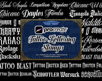 40+ Tattoo Lettering Procreate Stamp Brushes, Chicano Gothic Font Bundle 1, Flash Sheet Design Tool + Font File (Commercial Use)