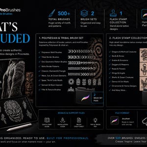 Peut inclure: Un affichage de produit num&eacute;rique pour BrixProBrushes comprenant plus de 500 pinceaux de tatouage polyn&eacute;siens et tribaux pour Procreate 5.0+. Le graphique inclut deux ensembles de pinceaux, une collection de tampons et une tablette avec des motifs.