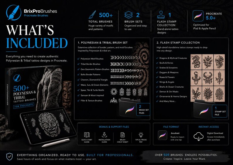 Peut inclure: Un affichage de produit num&eacute;rique pour BrixProBrushes comprenant plus de 500 pinceaux de tatouage polyn&eacute;siens et tribaux pour Procreate 5.0+. Le graphique inclut deux ensembles de pinceaux, une collection de tampons et une tablette avec des motifs.