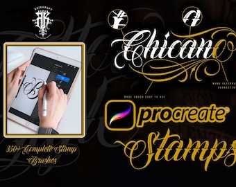 Chicano Lettering Stamp Brush and Font for Procreate, Tattoo Alphabet Letters, Uppercase Stamps, OTF TTF Brushset, Chicano Font Bundle
