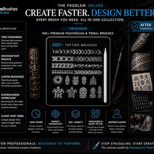 Peut inclure: Une publicit&eacute; pour le produit num&eacute;rique BrixProBrushes pr&eacute;sentant plus de 500 pinceaux de tatouage polyn&eacute;siens et tribaux pour Procreate. La mise en page affiche des comparaisons avant et apr&egrave;s, des avantages de conception et une tablette centrale.