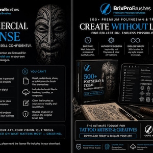 Peut inclure: Une publicit&eacute; pour le produit num&eacute;rique BrixProBrushes pr&eacute;sentant une licence commerciale et une collection de plus de 500 pinceaux de tatouage polyn&eacute;siens et tribaux pour Procreate. L'image affiche du texte, une tablette et un dessin imprim&eacute;.