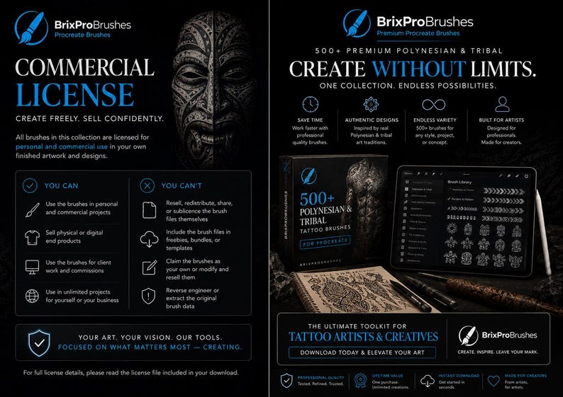Peut inclure: Une publicit&eacute; pour le produit num&eacute;rique BrixProBrushes pr&eacute;sentant une licence commerciale et une collection de plus de 500 pinceaux de tatouage polyn&eacute;siens et tribaux pour Procreate. L'image affiche du texte, une tablette et un dessin imprim&eacute;.