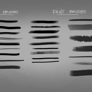 May include: An illustration of various black paint brush strokes, categorized as "BASIC BRUSHES" and "PAINT BRUSHES". The strokes vary in thickness, texture, and style, showcasing different brush effects. The background is a gradient of gray.