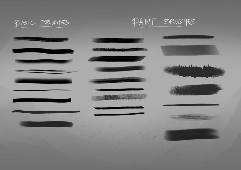 May include: An illustration of various black paint brush strokes, categorized as "BASIC BRUSHES" and "PAINT BRUSHES". The strokes vary in thickness, texture, and style, showcasing different brush effects. The background is a gradient of gray.