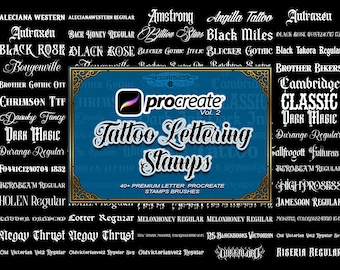 50+ Tattoo Lettering Procreate Stamps Bundle 2, Font Brush Set, Gothic Blackletter Typography, iPad, + Font File (Commercial Use)
