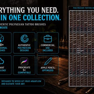 Peut inclure: Une collection num&eacute;rique de plus de 500 pinceaux de tatouage polyn&eacute;sien pour Procreate, avec le texte EVERYTHING YOU NEED. ALL IN ONE COLLECTION. 500+ AUTHENTIC POLYNESIAN TATTOO BRUSHES FOR PROCREATE, accompagn&eacute; d'ic&ocirc;nes et d'un panneau de pr&eacute;visualisation.