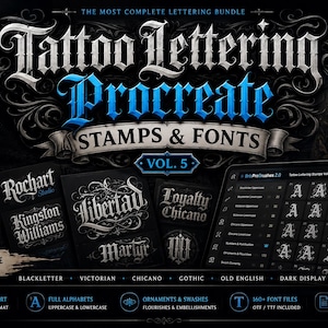 Puede incluir: Un paquete de productos digitales titulado Tattoo Lettering Procreate Stamps & Fonts Vol. 5, que incluye más de 60 pinceles de sello y 160 archivos de fuentes premium en formatos OTF y TTF. La pantalla muestra ejemplos de tipografía blackletter.