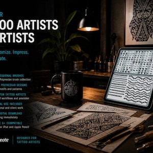 Peut inclure: Une tablette num&eacute;rique affichant des motifs de pinceaux de tatouage polyn&eacute;siens, accompagn&eacute;e du texte BUILT FOR TATTOO ARTISTS BY ARTISTS, Create. Customize. Impress. All in Procreate, 500+ PROFESSIONAL BRUSHES et d'autres descriptions.