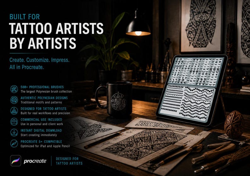 Peut inclure: Une tablette num&eacute;rique affichant des motifs de pinceaux de tatouage polyn&eacute;siens, accompagn&eacute;e du texte BUILT FOR TATTOO ARTISTS BY ARTISTS, Create. Customize. Impress. All in Procreate, 500+ PROFESSIONAL BRUSHES et d'autres descriptions.