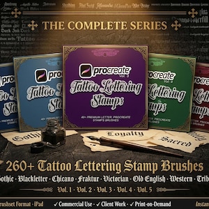 260 Tattoo Lettering Stamps for Procreate Mega Bundle, Gothic Blackletter Font Brushes, Chicano Script  + Font File (Commercial Use)