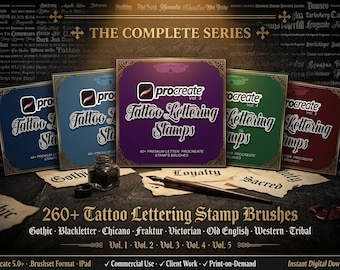 260 Tattoo Lettering Stamps for Procreate Mega Bundle, Gothic Blackletter Font Brushes, Chicano Script  + Font File (Commercial Use)