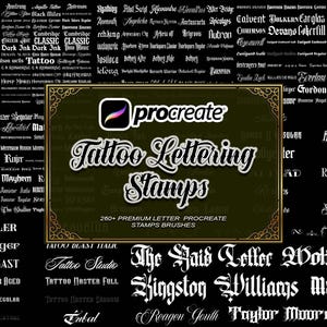 Könnte beinhalten: Digitales Kunst-Grafik mit Procreate-Logo und der Aufschrift "Tattoo Lettering Stamps". Das Bild zeigt verschiedene Tattoo-Schriftarten in weißer Schrift vor dunklem Hintergrund. Enthält 260+ Premium-Buchstaben-Procreate-Stempelpinsel.