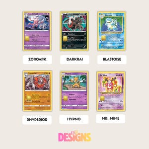 Op de afbeelding: Zes Pok&eacute;mon-verzamelkaarten met personages als Zoroark, Darkrai en Blastoise. Elke kaart toont karakterkunst, HP en aanvalsdetails. De kaarten zijn gerangschikt op een lichte achtergrond met het "niji DESIGNS" logo.