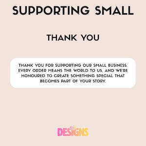 Op de afbeelding: Een grafisch ontwerp met de woorden "SUPPORTING SMALL" en "THANK YOU" in het zwart. Een witte, afgeronde rechthoek bevat tekst die klanten bedankt voor het steunen van het kleine bedrijf. Het logo "niji DESIGNS" staat onderaan.