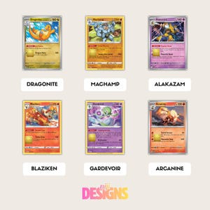 Op de afbeelding: Zes Pok&eacute;mon-verzamelkaarten met Dragonite, Machamp, Alakazam, Blaziken, Gardevoir en Arcanine. Elke kaart heeft een uniek ontwerp met karakterillustraties en tekst. De kaarten staan tegen een lichte achtergrond.