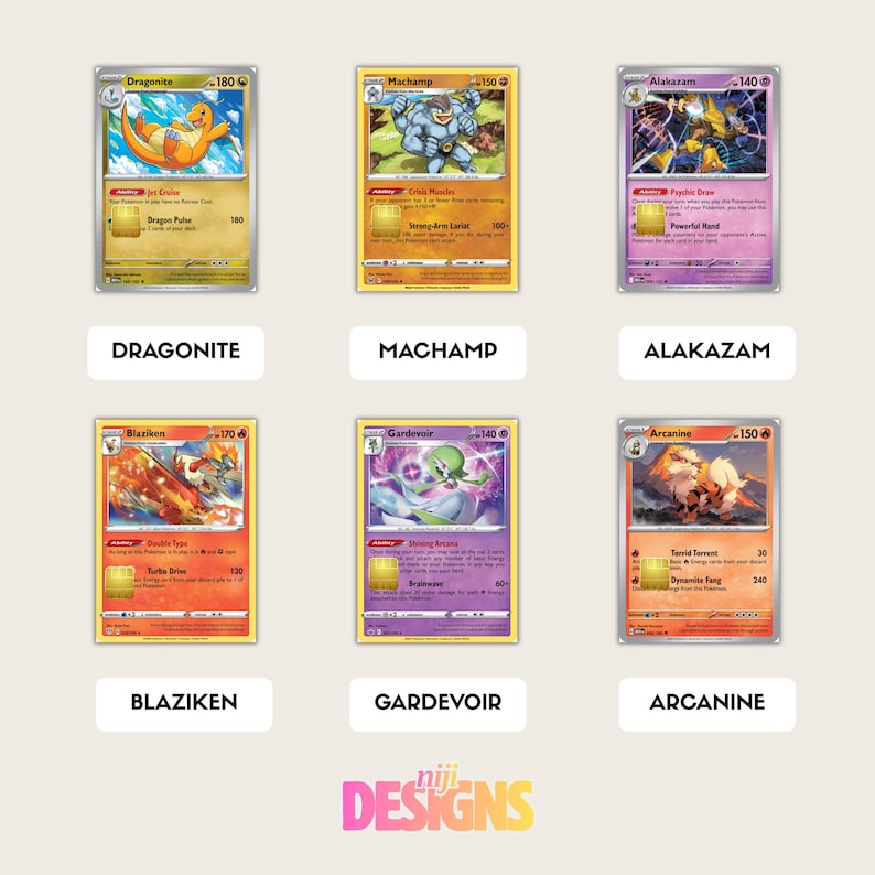 Op de afbeelding: Zes Pok&eacute;mon-verzamelkaarten met Dragonite, Machamp, Alakazam, Blaziken, Gardevoir en Arcanine. Elke kaart heeft een uniek ontwerp met karakterillustraties en tekst. De kaarten staan tegen een lichte achtergrond.