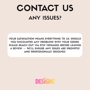 Op de afbeelding: Afbeelding met de tekst "CONTACTEER ONS PROBLEMEN?" in het zwart. Daaronder staat een witte, afgeronde rechthoek met tekst over klanttevredenheid en het oplossen van problemen. De rechterbenedenhoek bevat het logo "niji DESIGNS".