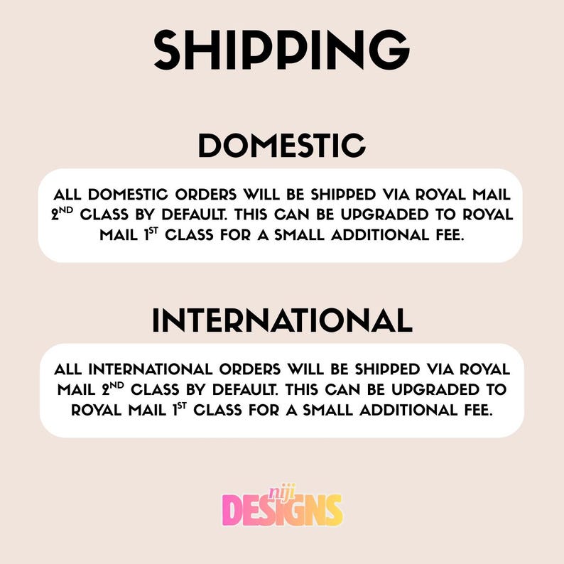 Op de afbeelding: Een afbeelding met verzendinformatie. Het woord 'SHIPPING' staat bovenaan, gevolgd door secties voor 'DOMESTIC' en 'INTERNATIONAL' bestellingen, met details over Royal Mail-diensten.